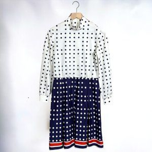Butte Knit I Vintage 70's White and Navy Blue Polka Dot Long Sleeve Day Dress